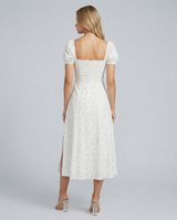 Madeline | Floral Puff Sleeve Boho Midi Dress with Corset Bodice