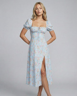 Madeline | Floral Puff Sleeve Boho Midi Dress with Corset Bodice