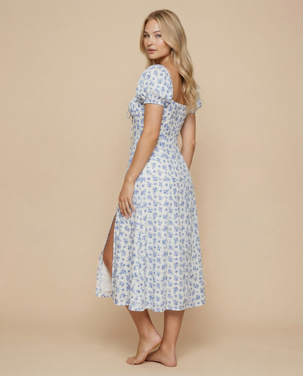 Madeline | Floral Puff Sleeve Boho Midi Dress with Corset Bodice