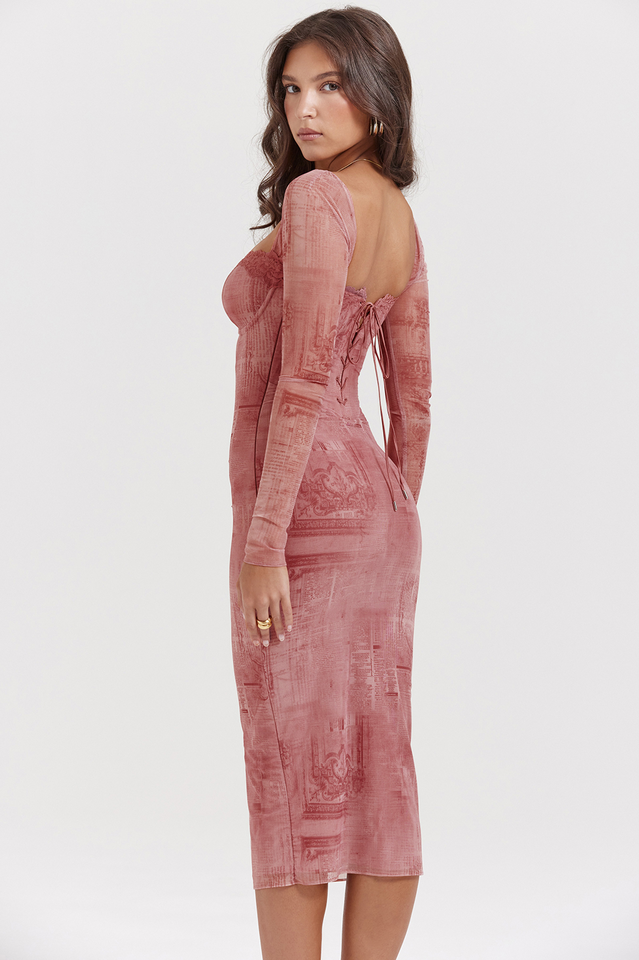 Seraphina | Midi Dress with Lace-Up Back and Printed Mesh