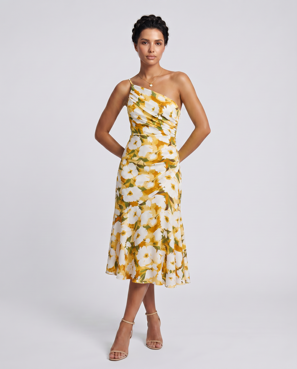 Nerissa | Midi Dress with One-Shoulder Floral Print