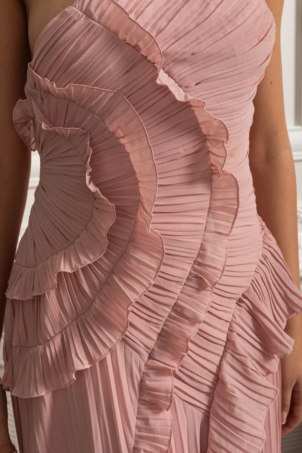 Opal | Pleated Halter Cascading Ruffle Midi Dress