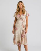Aurelia | Flutter Sleeve Wrap Floral Stripe Midi Dress