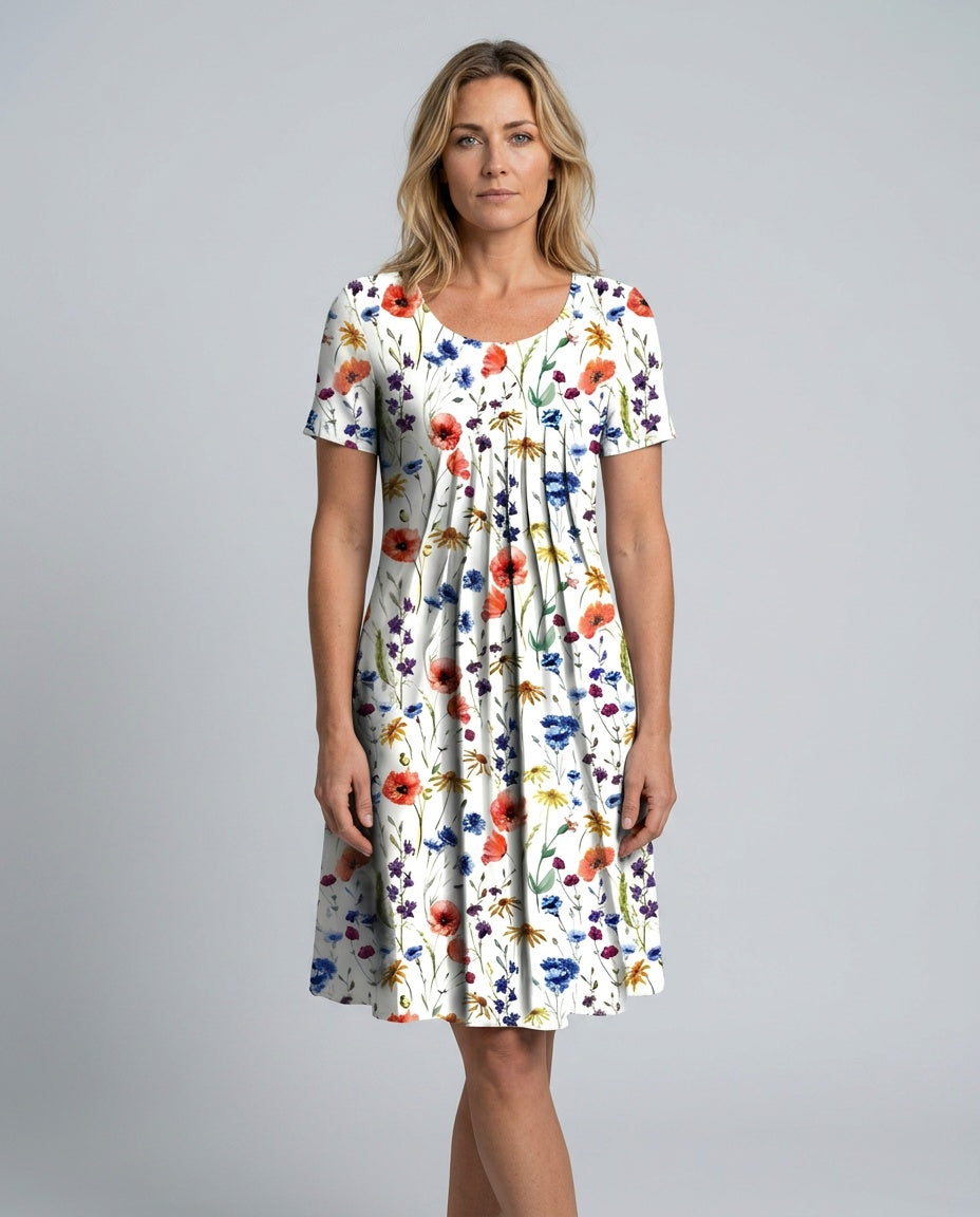 Beatrix | Pleated Floral Short Sleeve Midi Dress