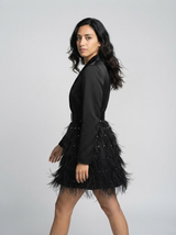 Elegant Fashion Commuting Dress V-neck High-end Beaded Feather Splicing Waist-tightening Blazer Dress