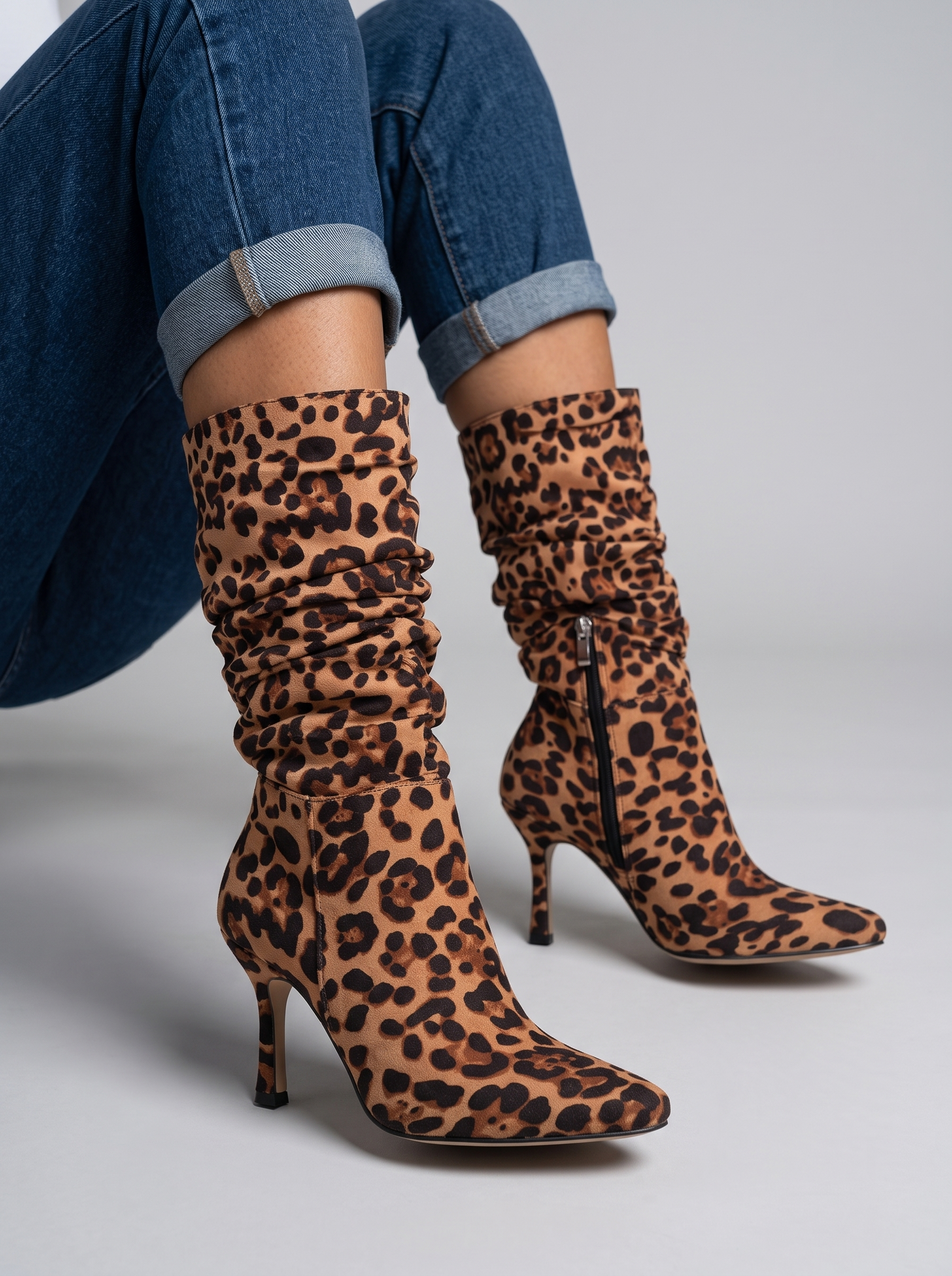 Leopard Print High-Heeled Boots Square Head Thin Heel Boots For Women New Style Autumn And Winter High-Heeled Boots Knee Boots