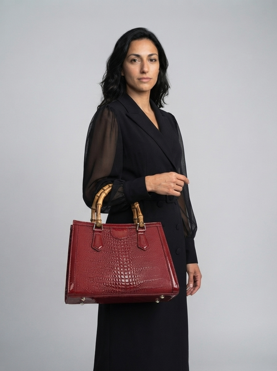 High Quality Leather Shoulder Bag For Women Luxury Alligator Handbag Designer Women Bag Retro Bamboo Handle Tote Bag Female