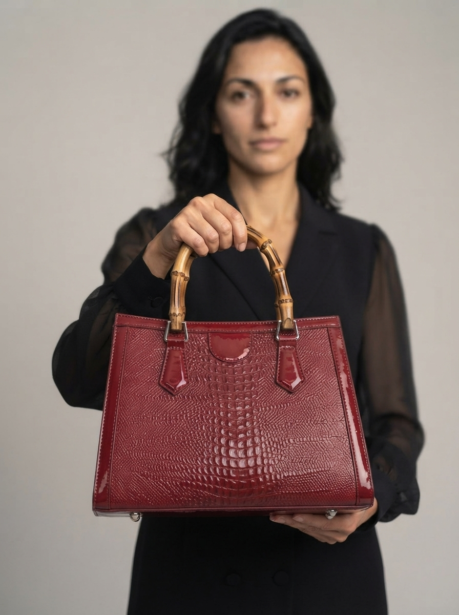 High Quality Leather Shoulder Bag For Women Luxury Alligator Handbag Designer Women Bag Retro Bamboo Handle Tote Bag Female