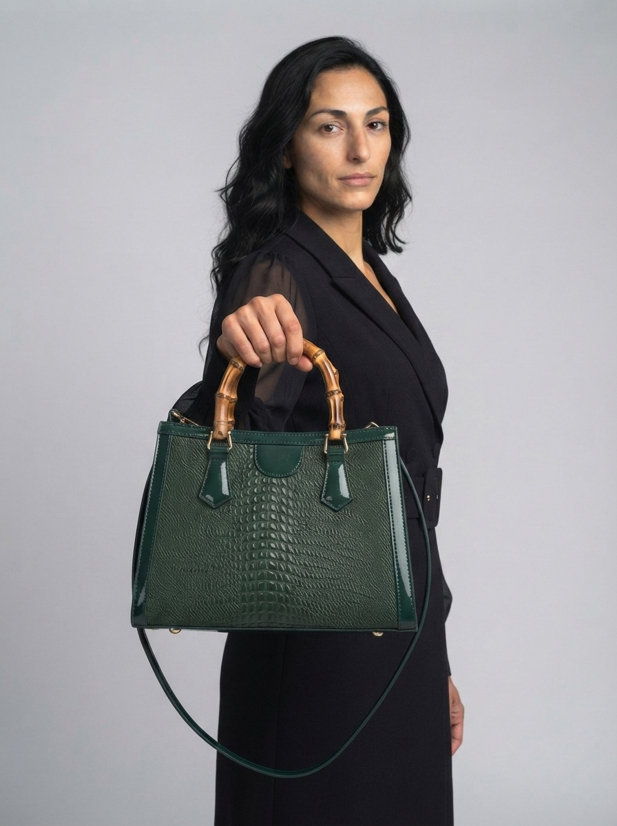 High Quality Leather Shoulder Bag For Women Luxury Alligator Handbag Designer Women Bag Retro Bamboo Handle Tote Bag Female