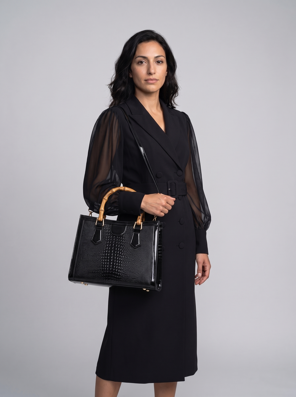 High Quality Leather Shoulder Bag For Women Luxury Alligator Handbag Designer Women Bag Retro Bamboo Handle Tote Bag Female