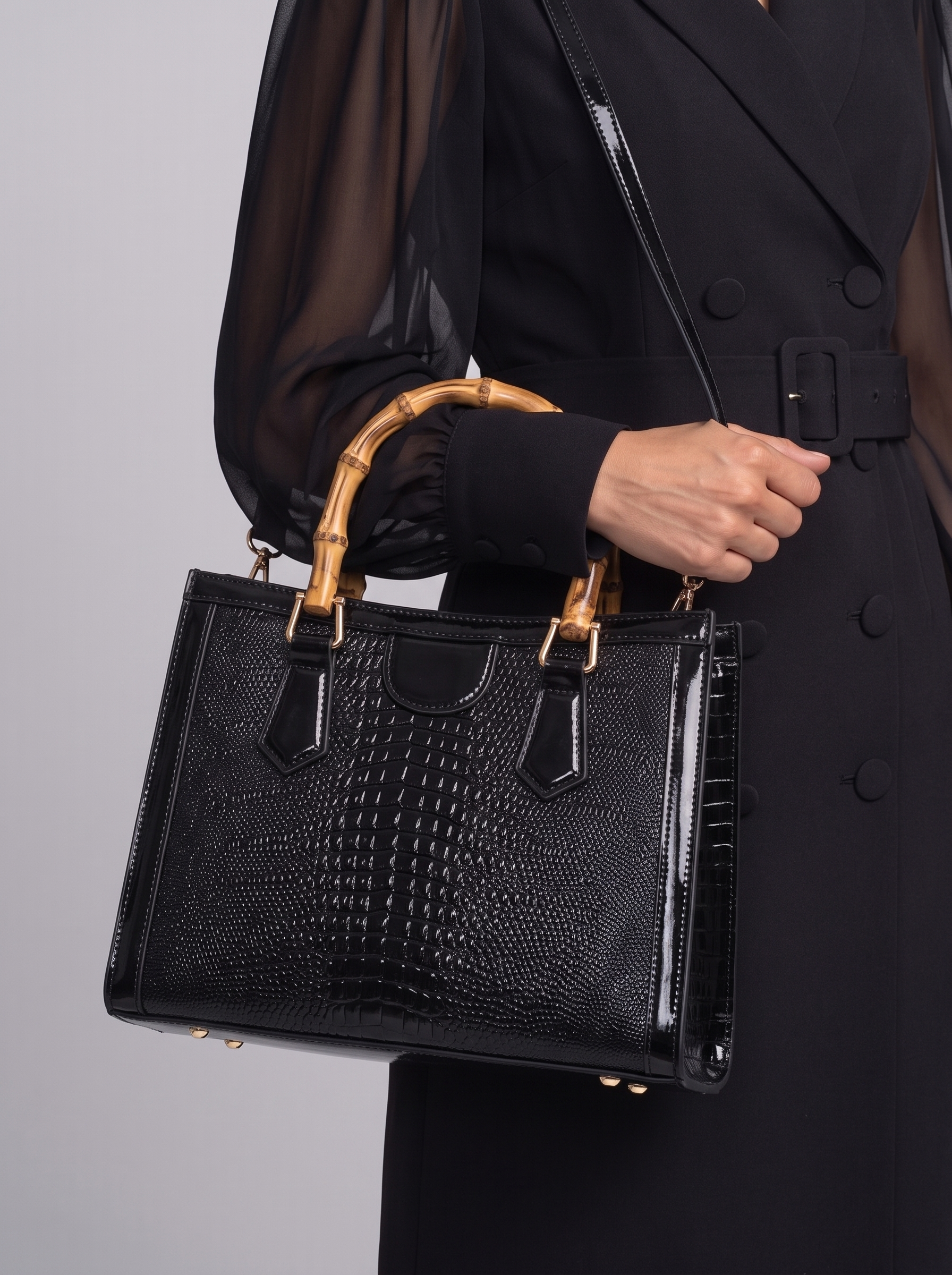 High Quality Leather Shoulder Bag For Women Luxury Alligator Handbag Designer Women Bag Retro Bamboo Handle Tote Bag Female