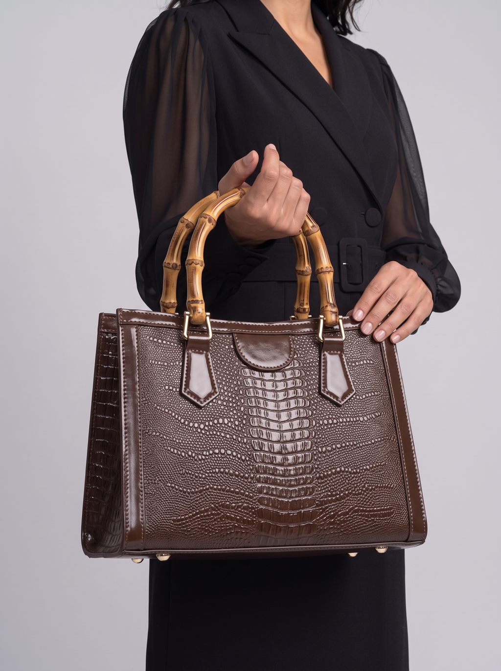 High Quality Leather Shoulder Bag For Women Luxury Alligator Handbag Designer Women Bag Retro Bamboo Handle Tote Bag Female