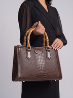High Quality Leather Shoulder Bag For Women Luxury Alligator Handbag Designer Women Bag Retro Bamboo Handle Tote Bag Female