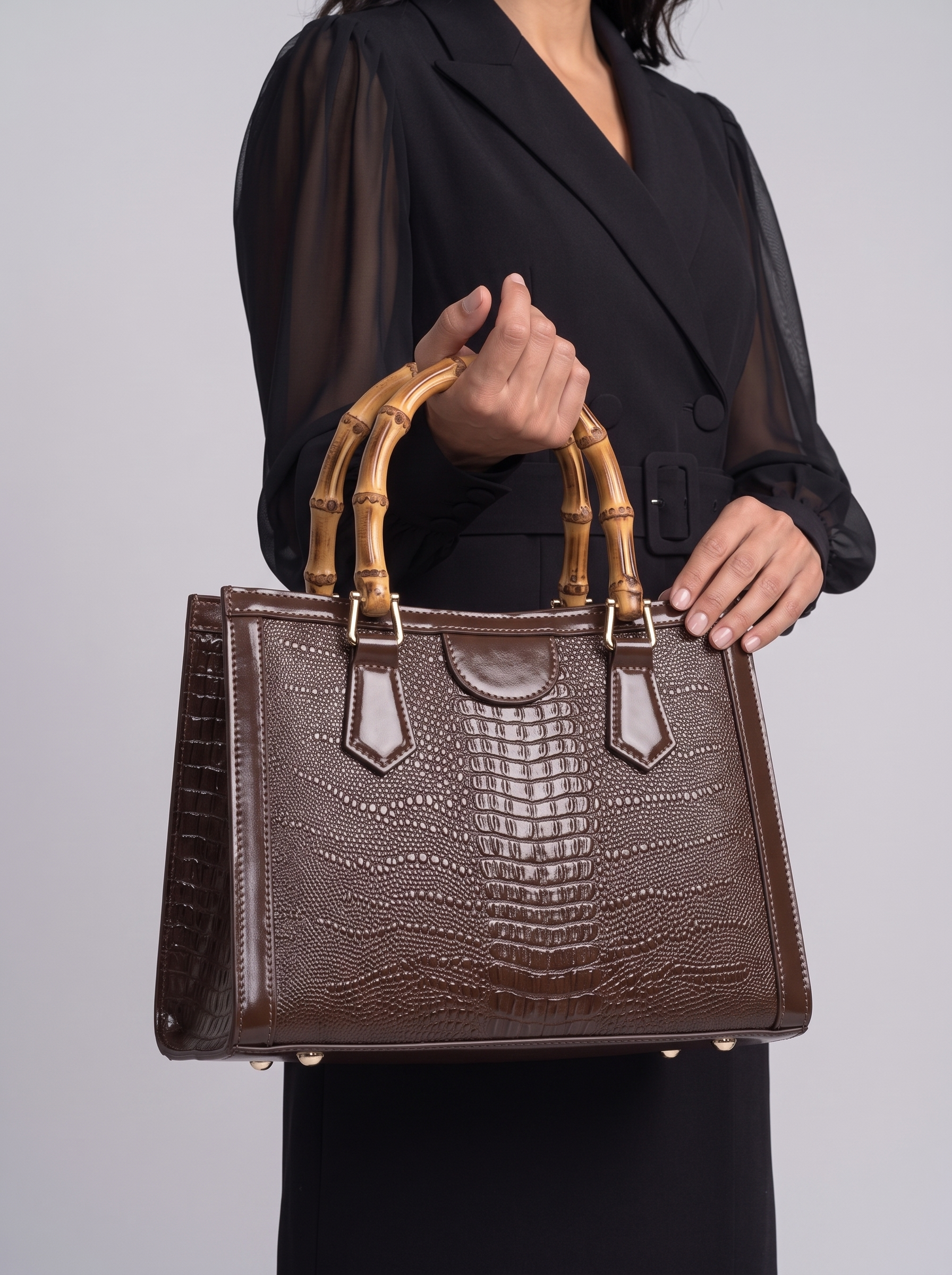 High Quality Leather Shoulder Bag For Women Luxury Alligator Handbag Designer Women Bag Retro Bamboo Handle Tote Bag Female