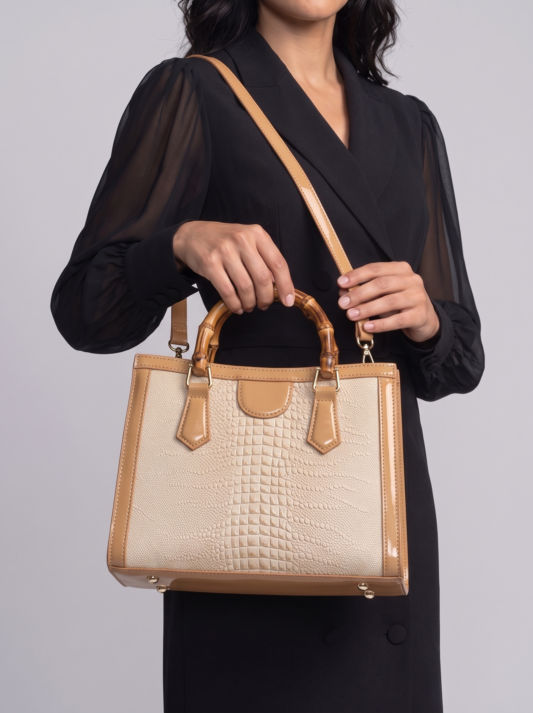 High Quality Leather Shoulder Bag For Women Luxury Alligator Handbag Designer Women Bag Retro Bamboo Handle Tote Bag Female