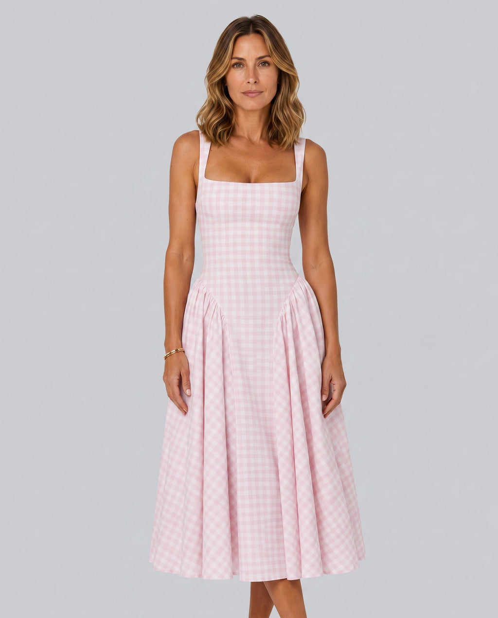 Verity | Sculpted Waist Full Skirt Gingham Midi Dress