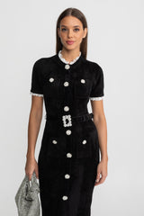 Lucette | Crystal Button Lace Trim Midi Dress