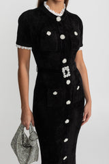 Lucette | Crystal Button Lace Trim Midi Dress