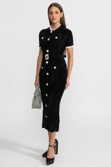 Lucette | Crystal Button Lace Trim Midi Dress
