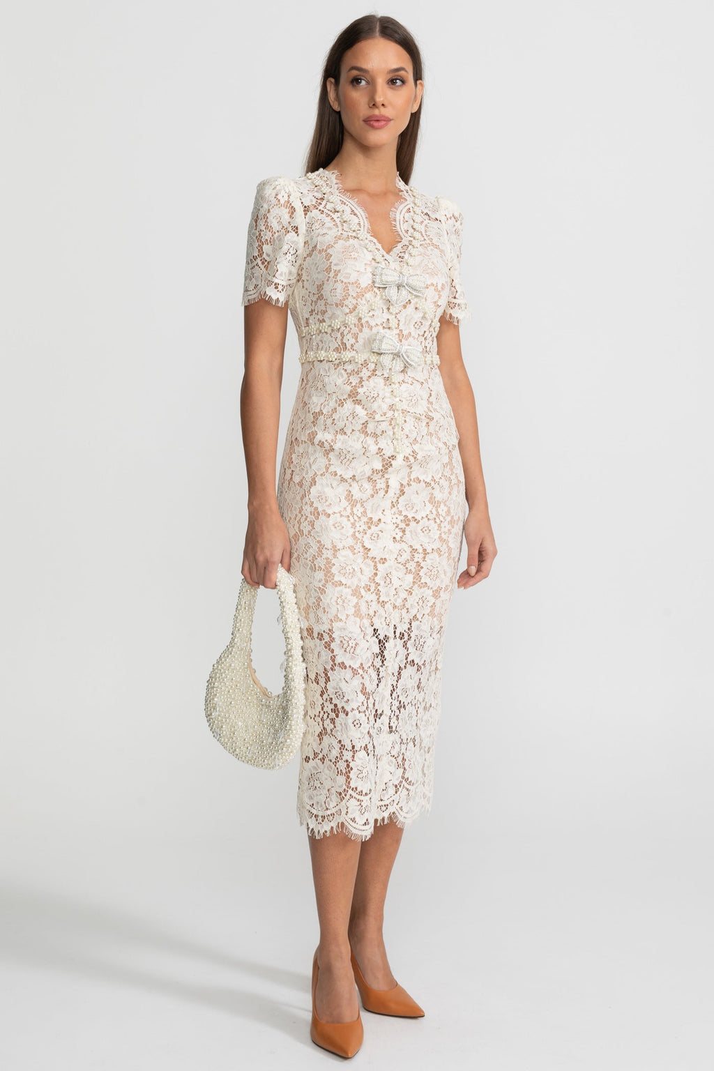 Nina | Embellished Lace Bow Midi Dress