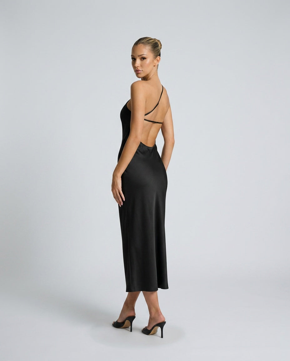 Bianca | Asymmetric Open Back Spaghetti Strap Midi Dress