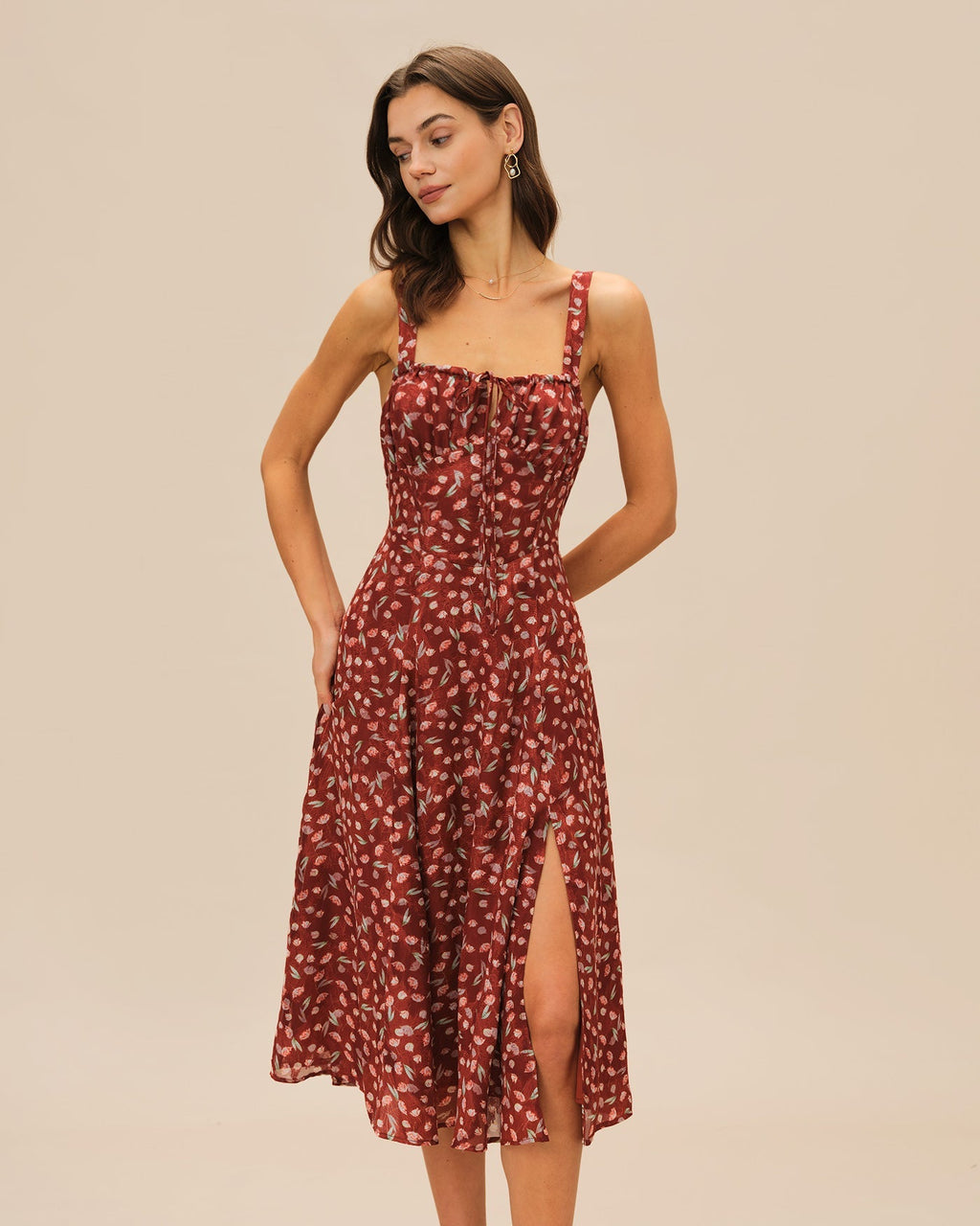 Leona | Floral Print Spaghetti Strap Midi Dress